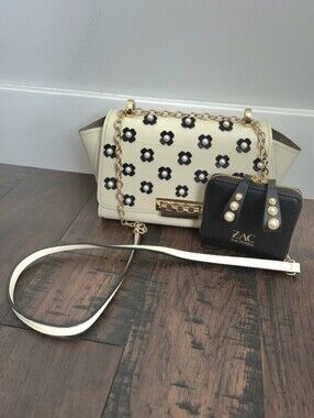 ZAC Zac Posen Cream Floral Chain Crossbody Bag with Black Wallet. #SW